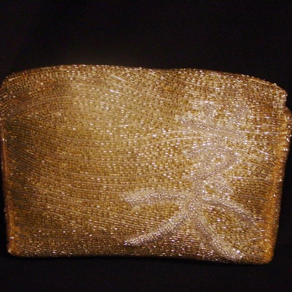 Vintage GENIE Gold Bugle Bead Asian Evening Bag Clutch 8" - Picture 1 of 10